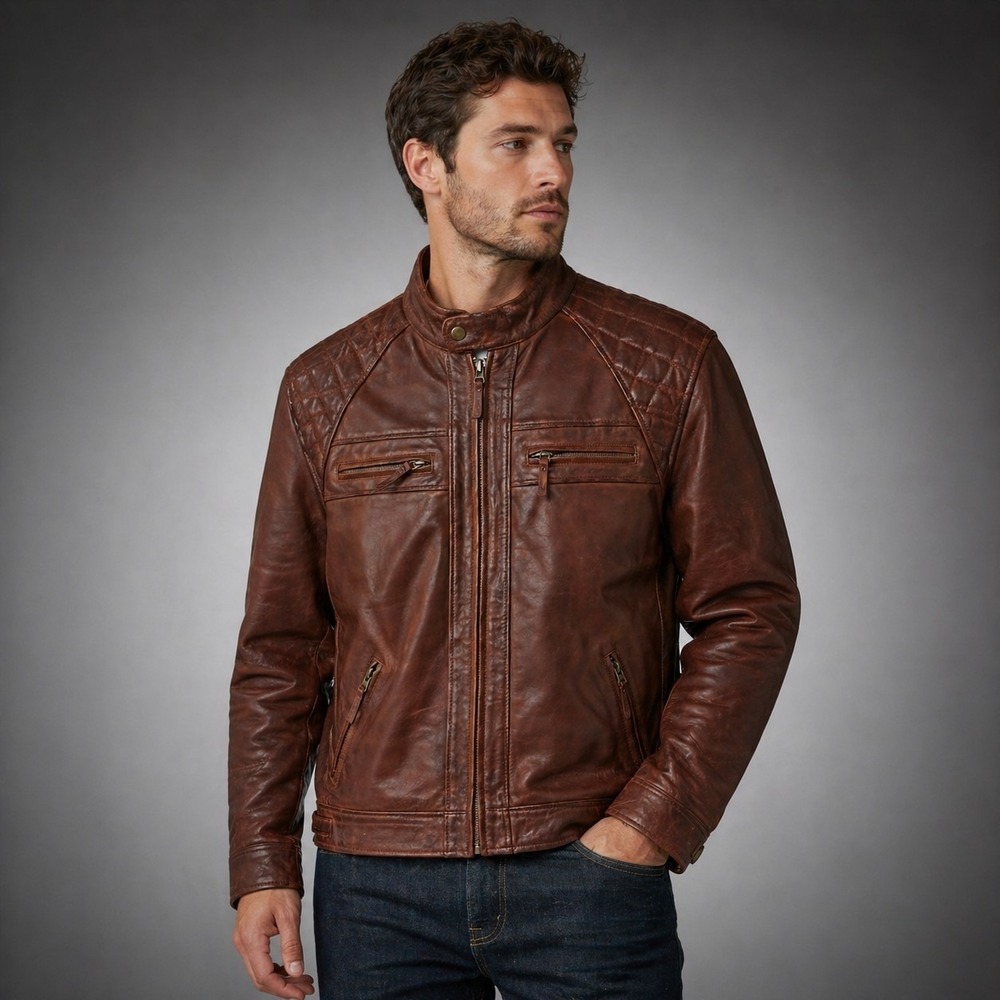 Mens XL Real Leather Jacket Cognac Brown Biker Moto Quilted Zip Decrum Coat NWT